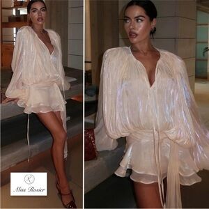 Miss Rosier EUGÉNIE Mini Dress Neutral Fully Pleated Shimmer Small NWT Sleeve